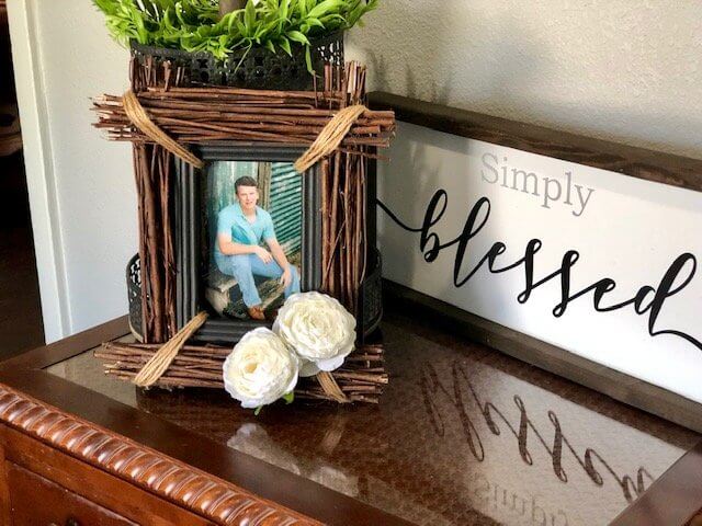 DIY Photo Frame with Sticks and Jute Floral Accent