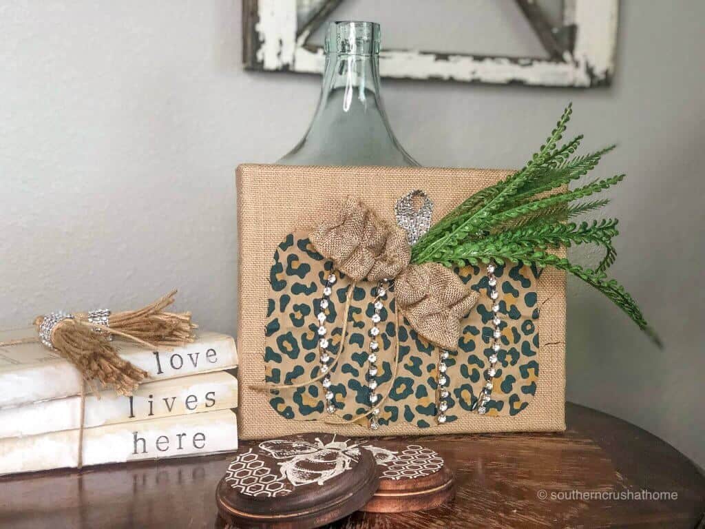 Leopard Pumpkin made with burlap and canvas 