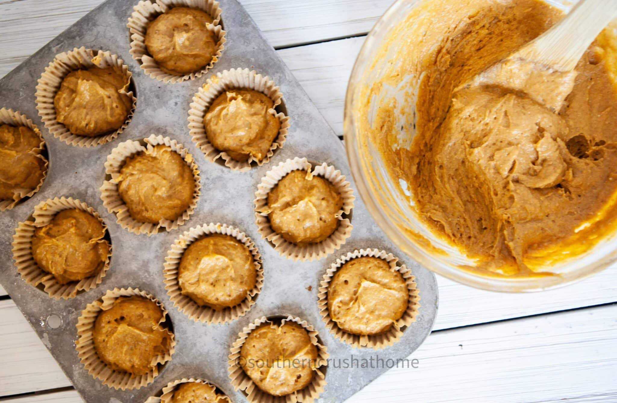3 ingredient pumpkin muffins poured into baking cups
