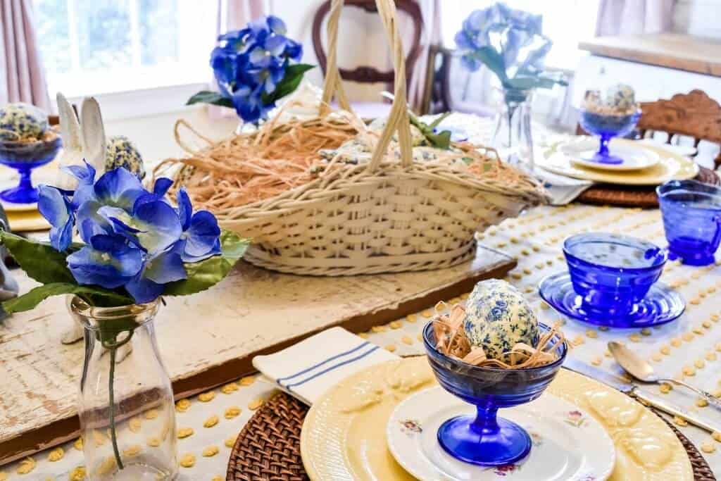 Blue and yellow Easter tablescape