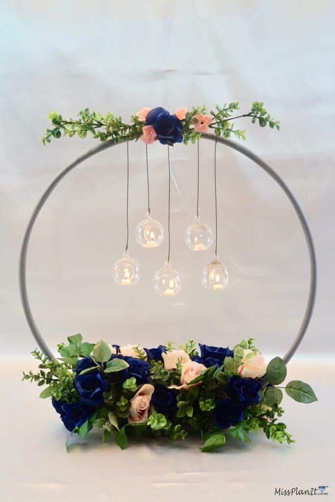 diy wedding centerpiece with hoop and hanging globes