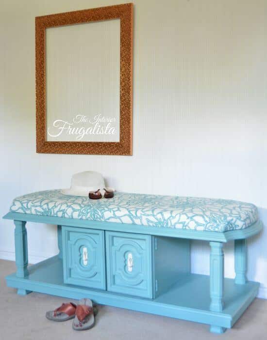 blue painted bench from coffee table