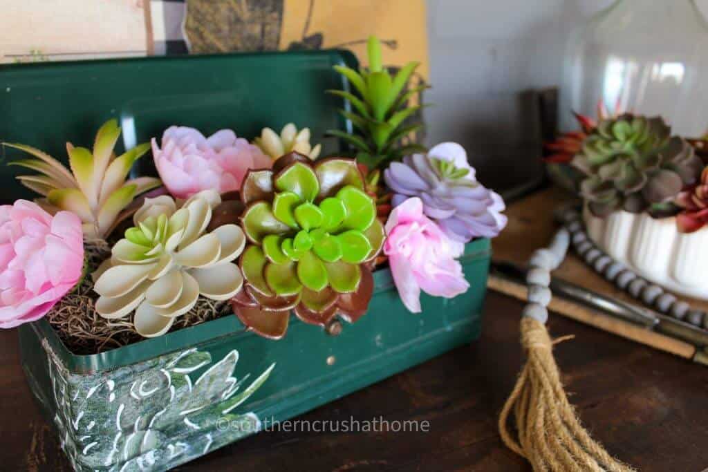 vintage toolbox planter with succulents