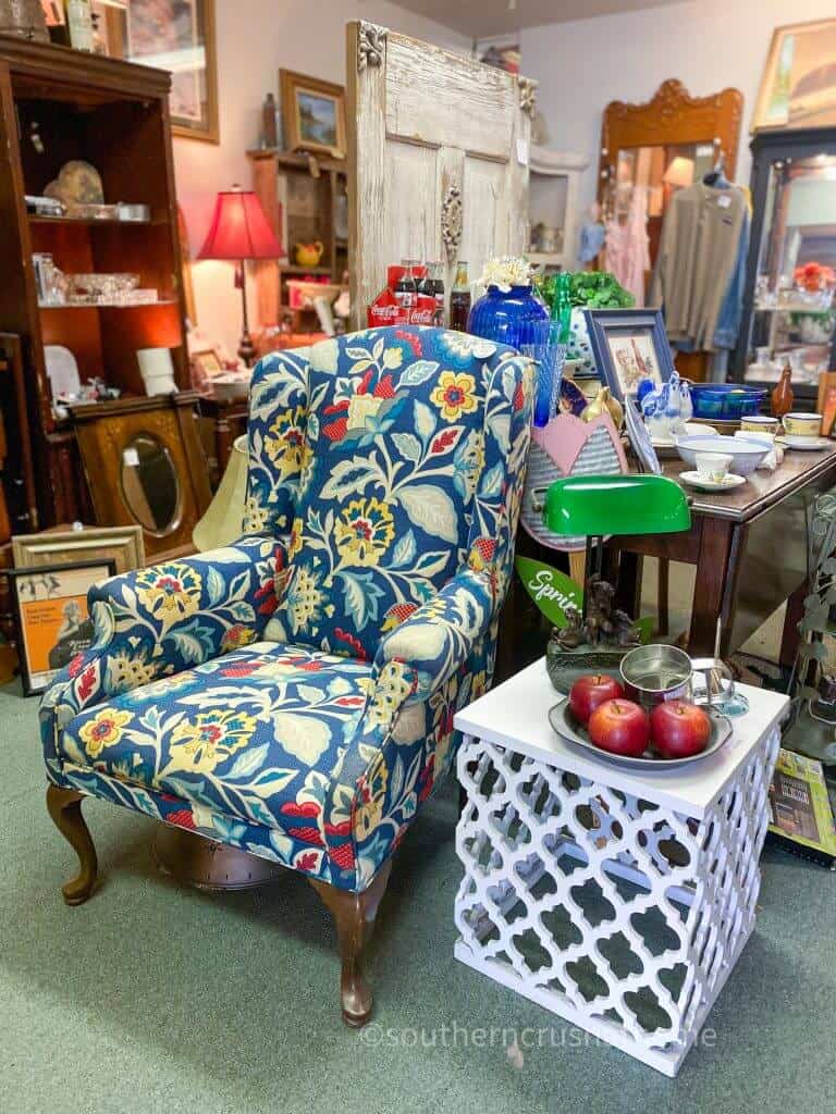 vintage blue floral wingback chair