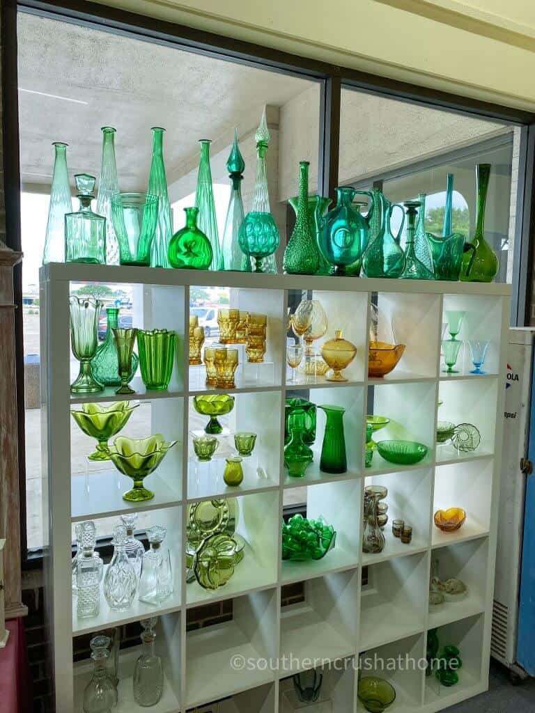 vintage green glass collection display