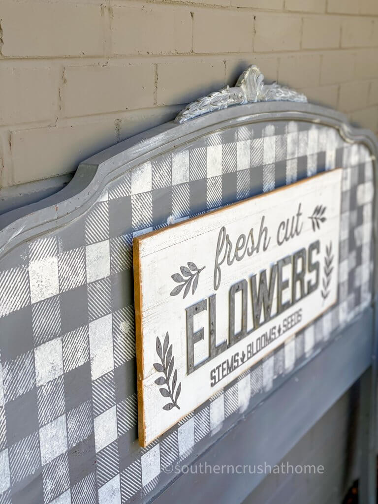Repurposed Headboard Garden Sign with fresh cut flowers sign