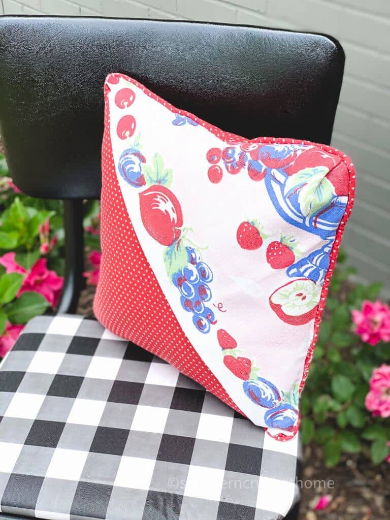 side view of thrift store pillow makeover