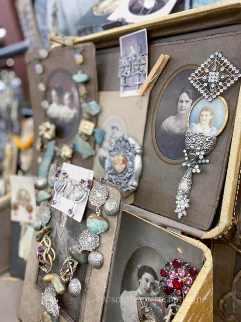 vintage photographs displaying handmade jewelry closeup