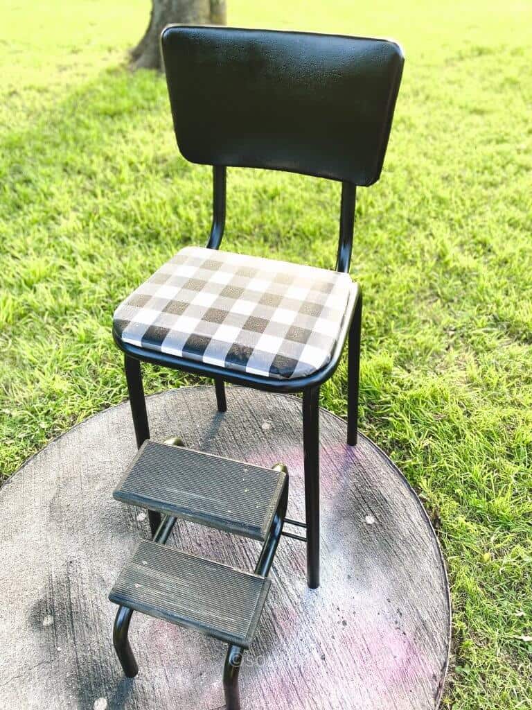 finished vintage step stool with buffalo plaid