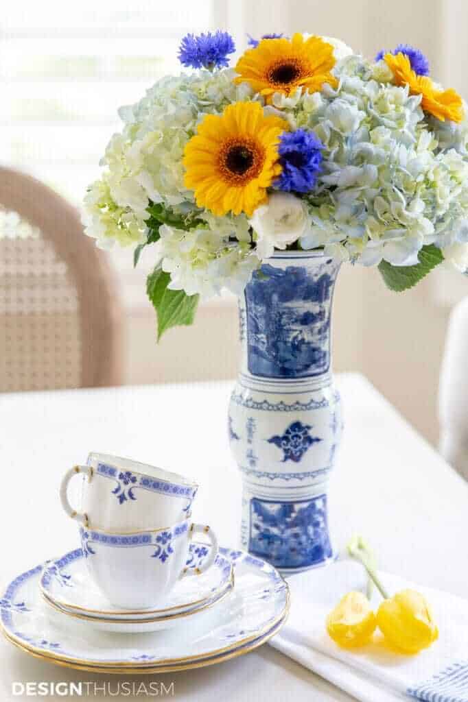 blue and white chinoiserie vase with flowers