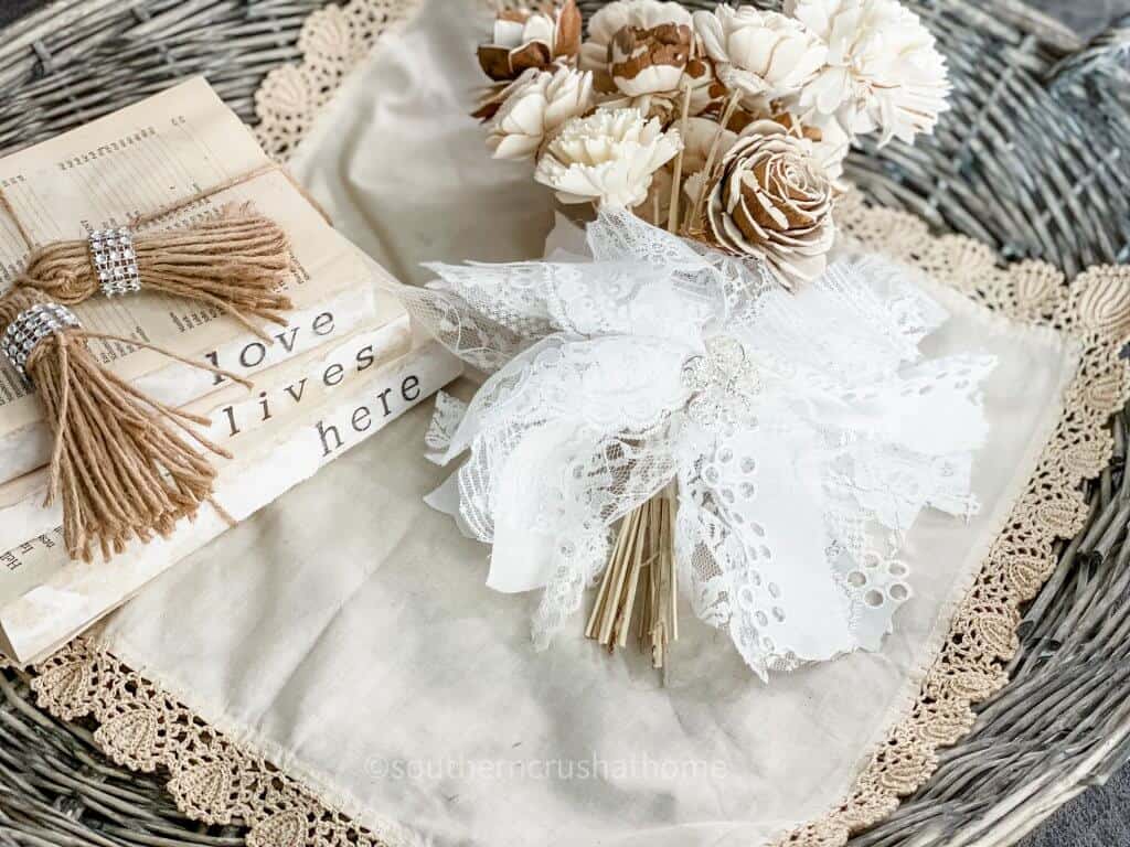 lace messy bow styled on ottoman