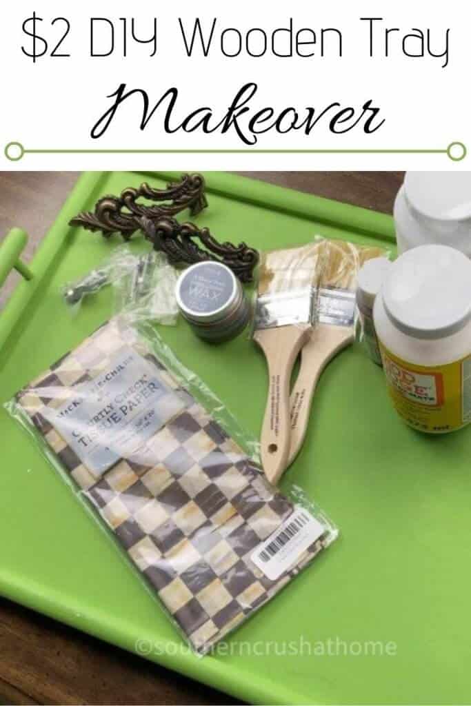 diy wooden tray makeover pin image with text overlay
