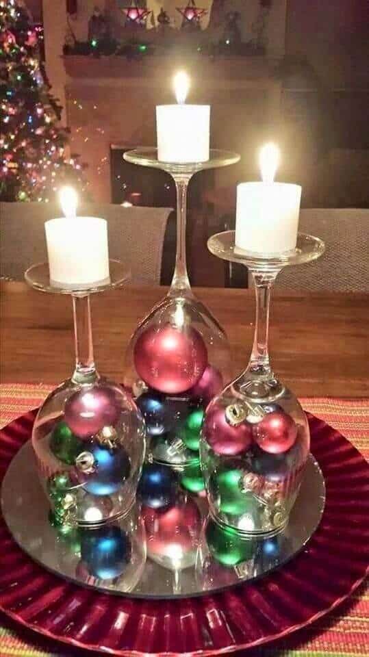 ornaments under wine glasses candle holders