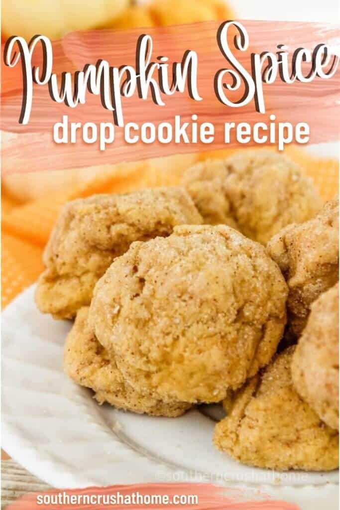 pumpkin spice drop cookies with milk on plate pin image with text
