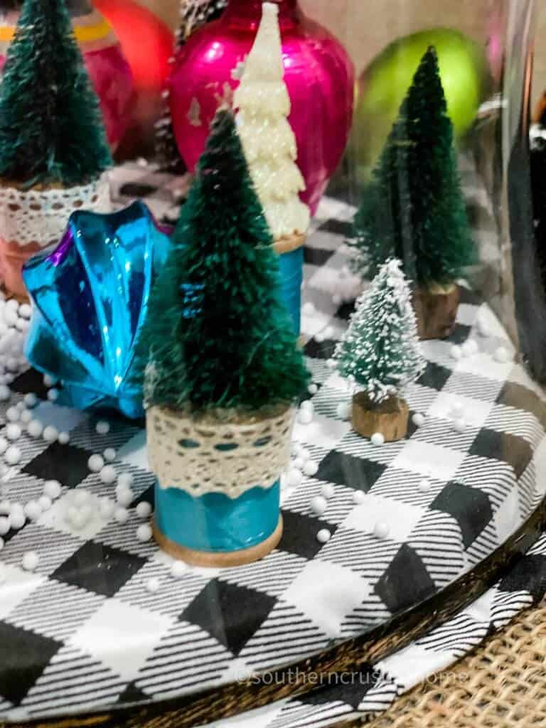 final wooden spool bottle brush tree with lace trim