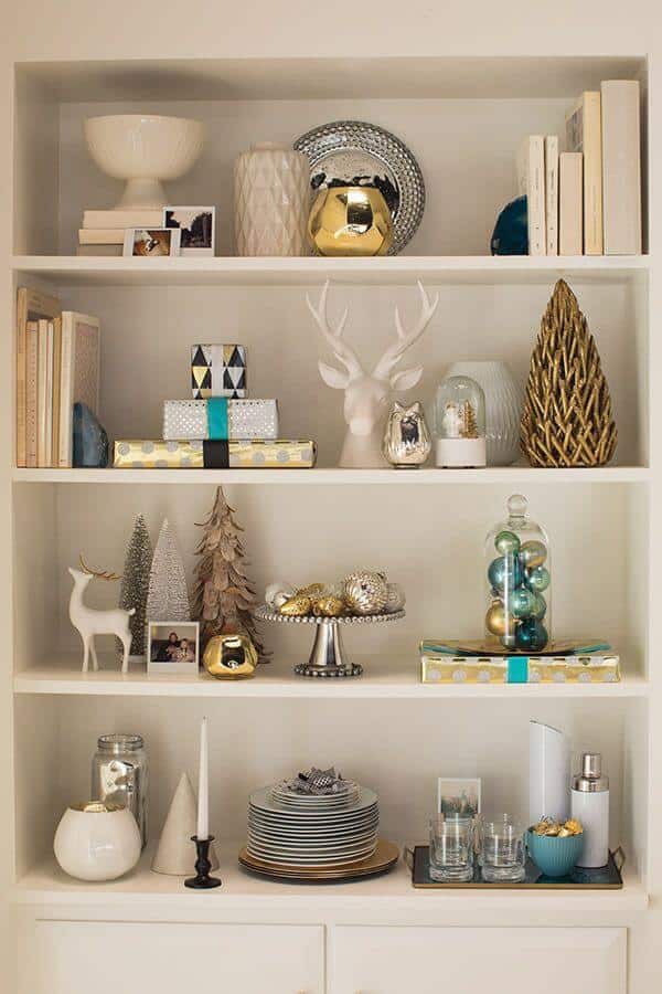 ornaments on a bookshelf