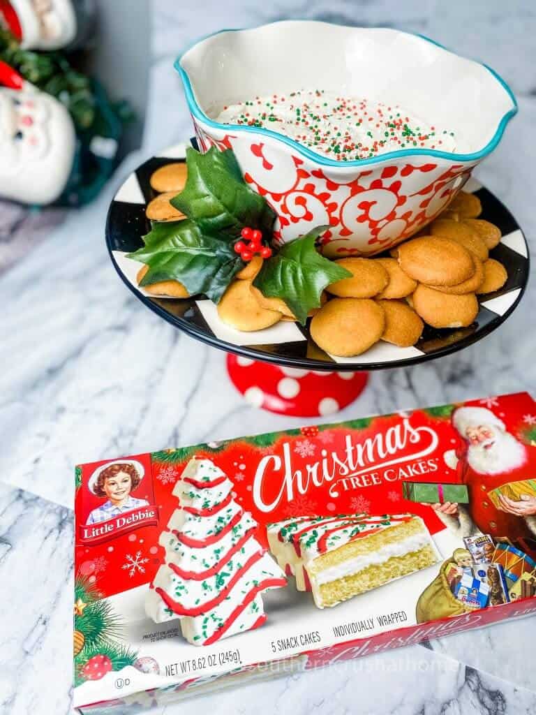 styled little debbie christmas tree cakes dip with box