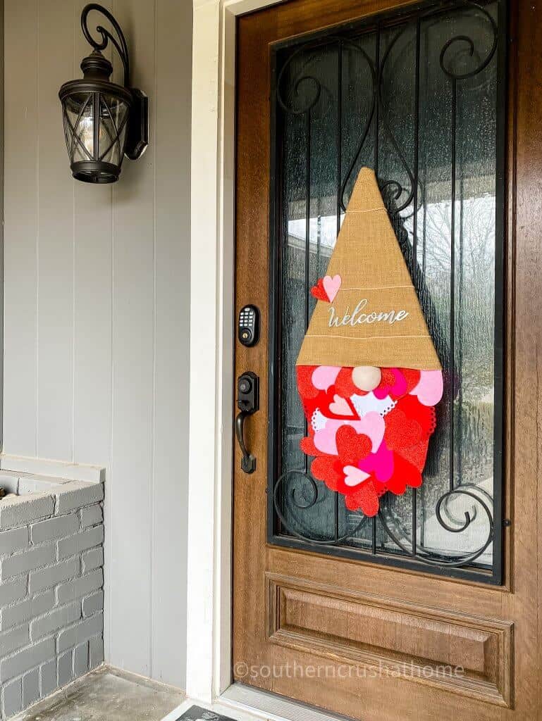 valentines day gnome door decor on front door