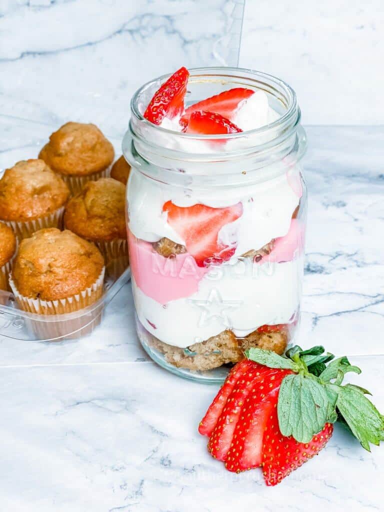 strawberry shortcake trifle in mason jar