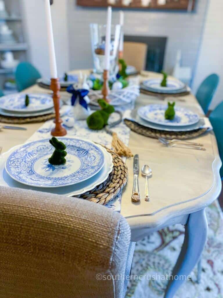 Easter table setting in blue and white full view