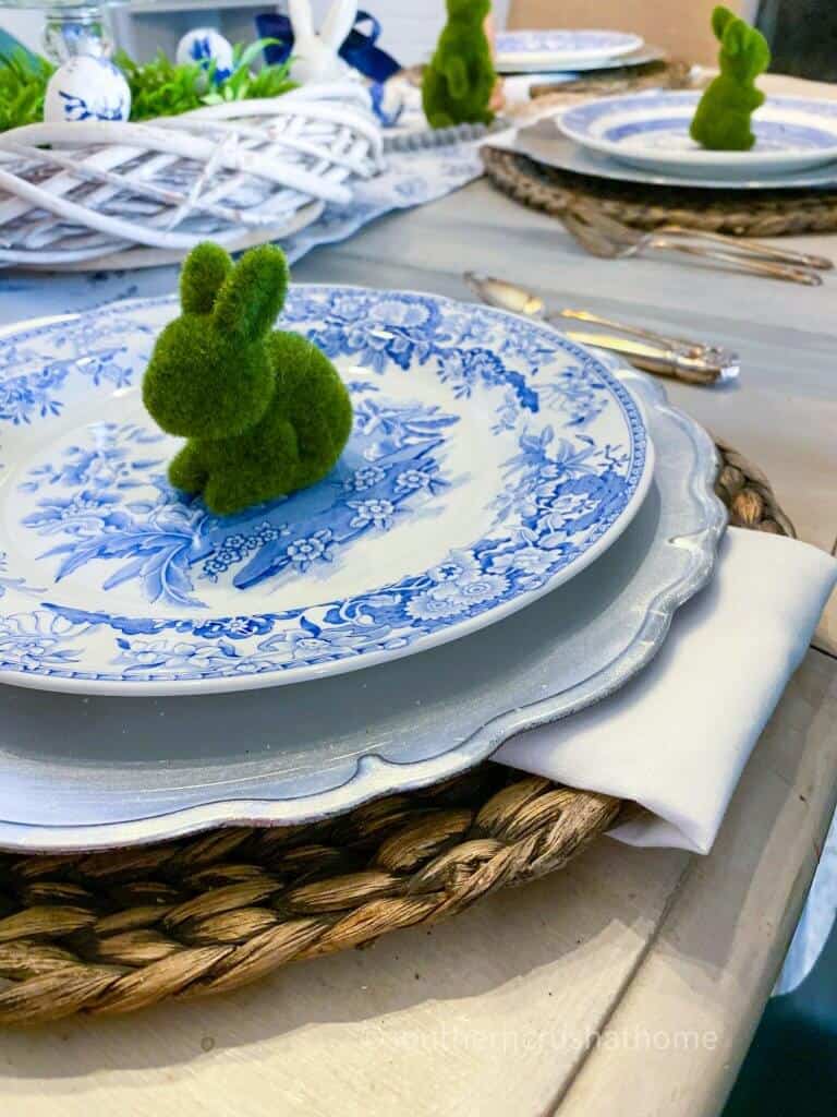 table setting close up with blue and white toile dishes