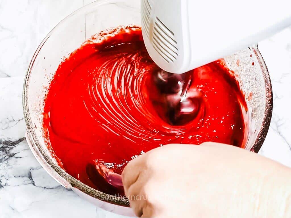 mixing red velvet in mixing bowl