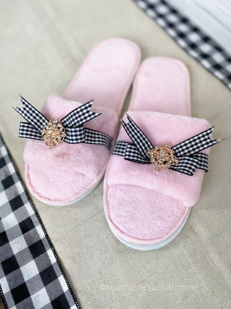 pink slippers with buffalo plaid