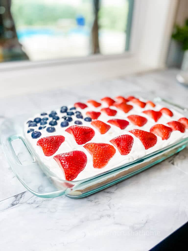 American flag poke cake on counter