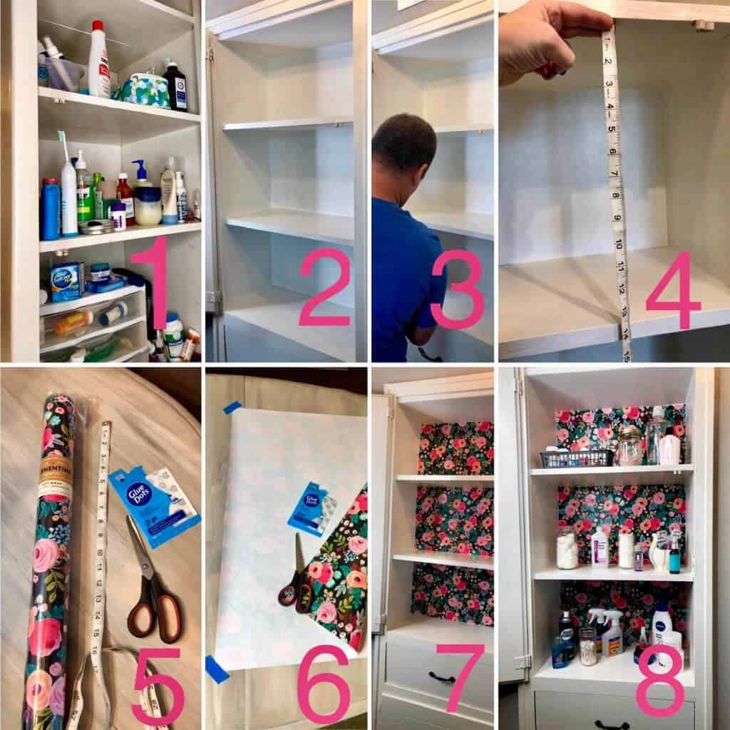 decluttering medicine cabinet with gift wrapping paper