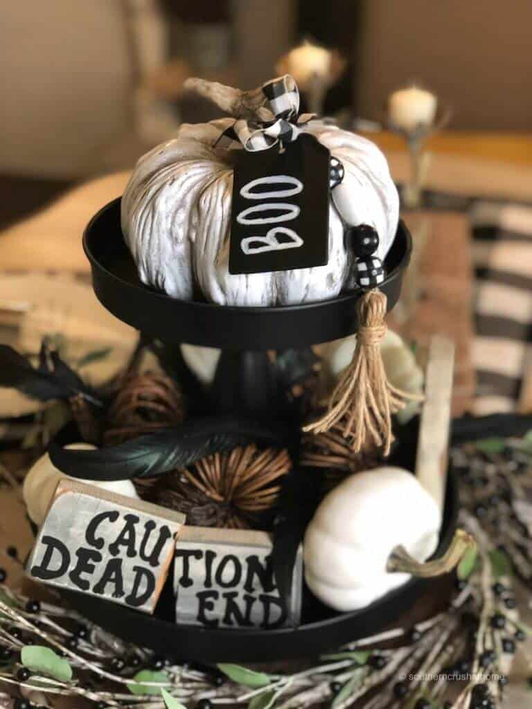 The centerpiece of a Table decorated for Halloween 