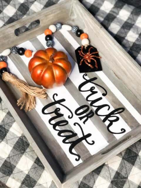 diy-halloween-tray-decor-farmhouse style trick or treat tassel striped tray