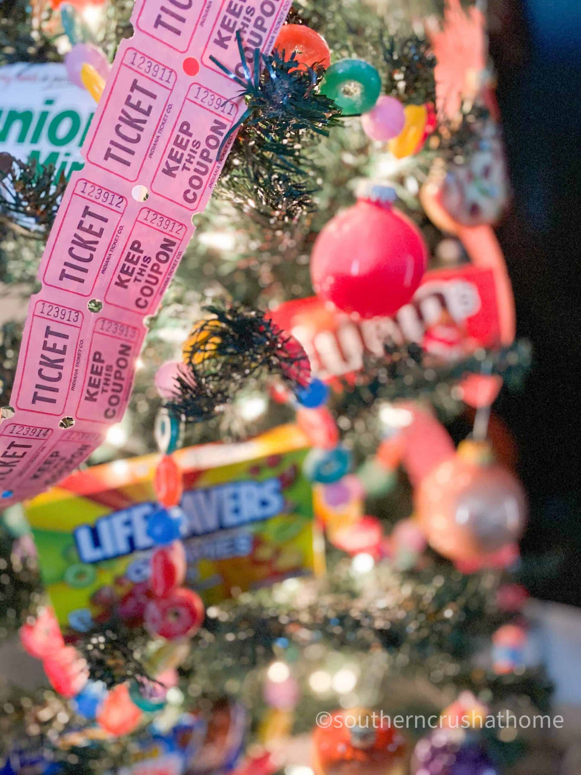 movie-theater-theme-christmas-tree movie tickets garland