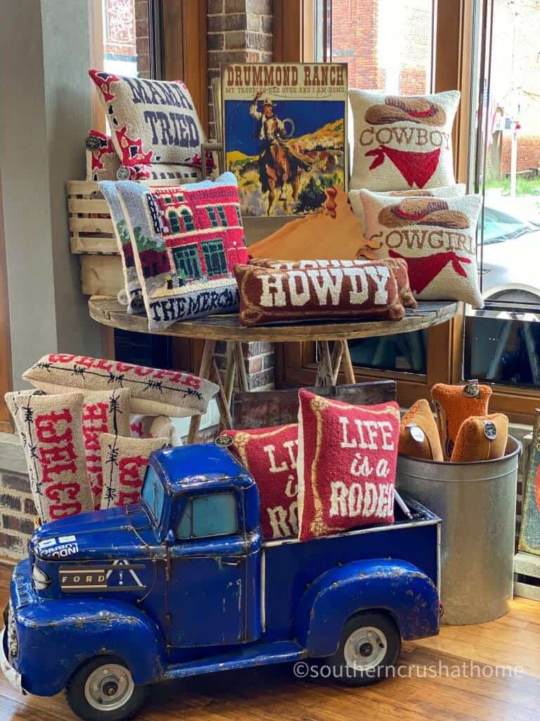 pioneer woman vintage blue truck Texas display