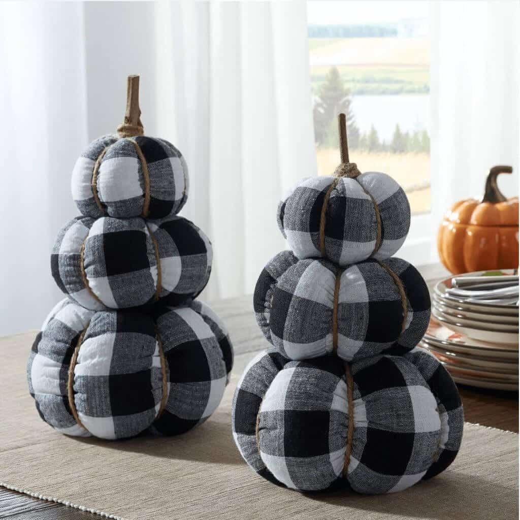 Black and White Buffalo Check Fabric Pumpkin Topiary Fall Decor