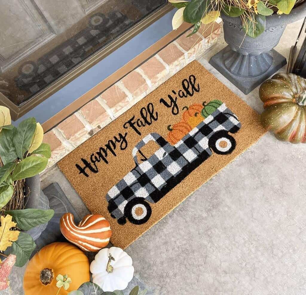 Black and White Buffalo Check Vintage Truck with Pumpkins Fall Doormat