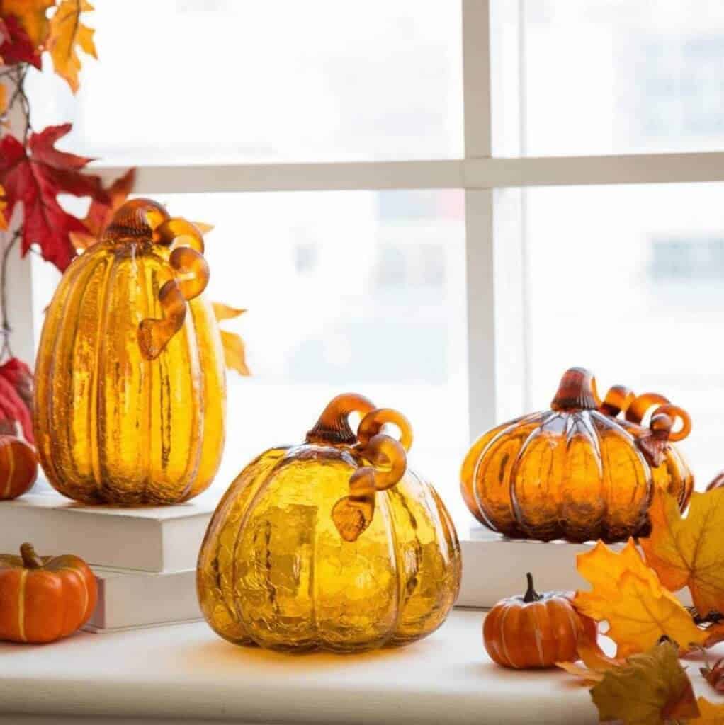 Amber hand blown crackle glass pumpkin set