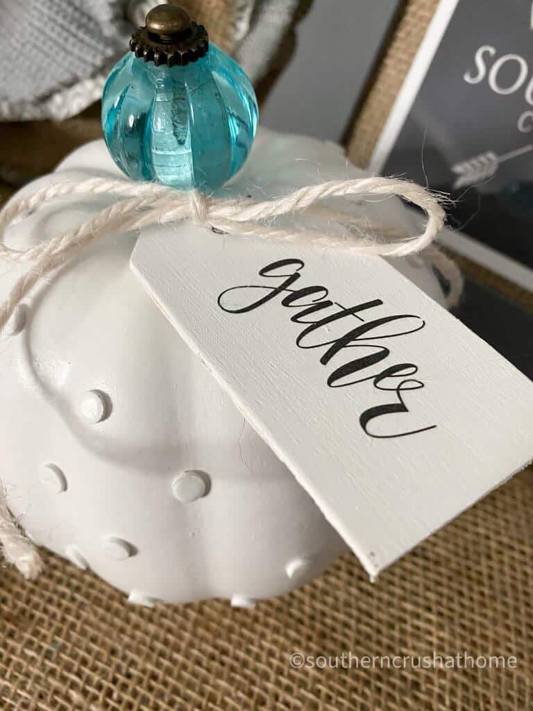 DIY MILK GLASS PUMPKIN tag with word gather