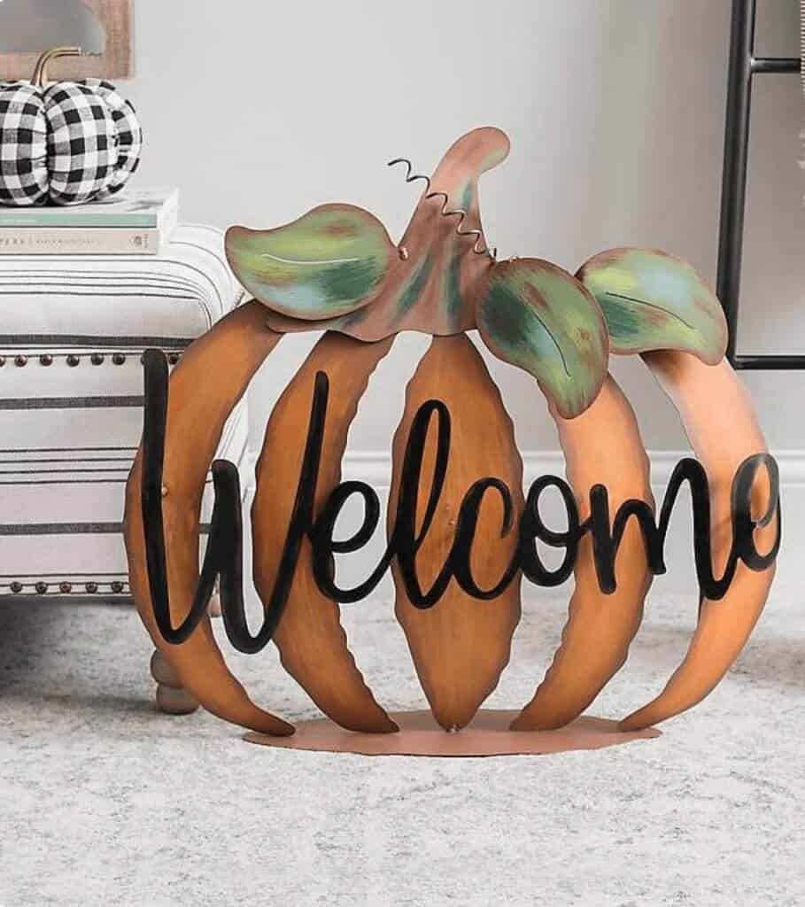 Faux pumpkin welcome metal decor