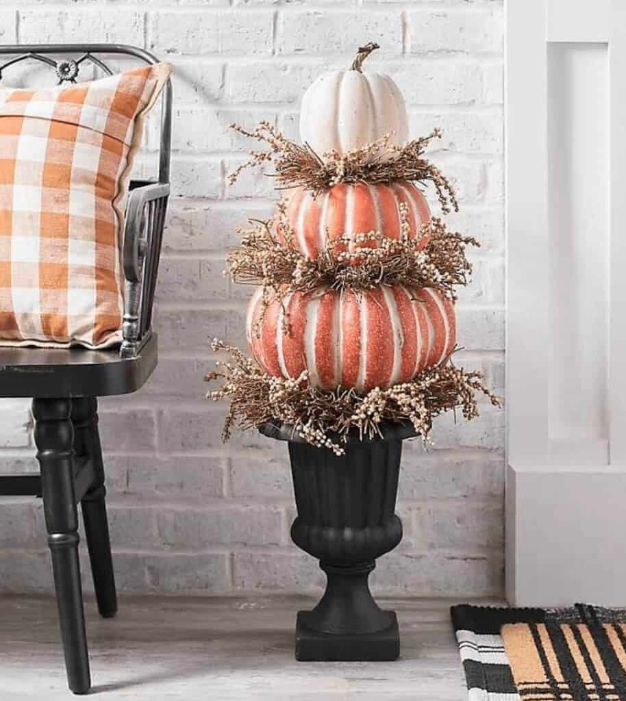 orange and white faux pumpkin topiary