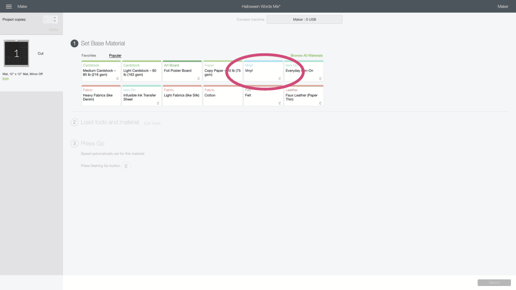 cricut design space material selection