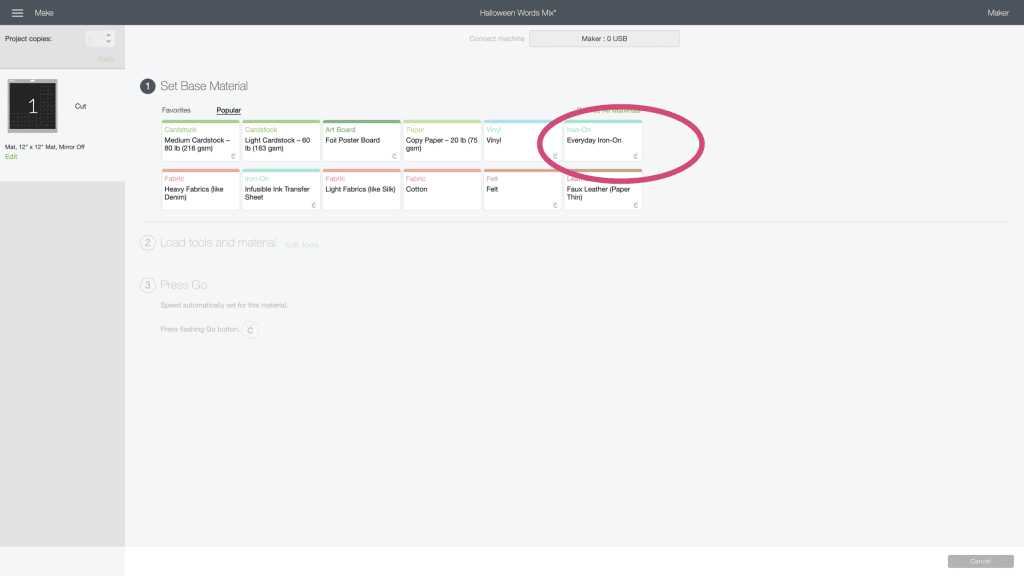 cricut design space material selection