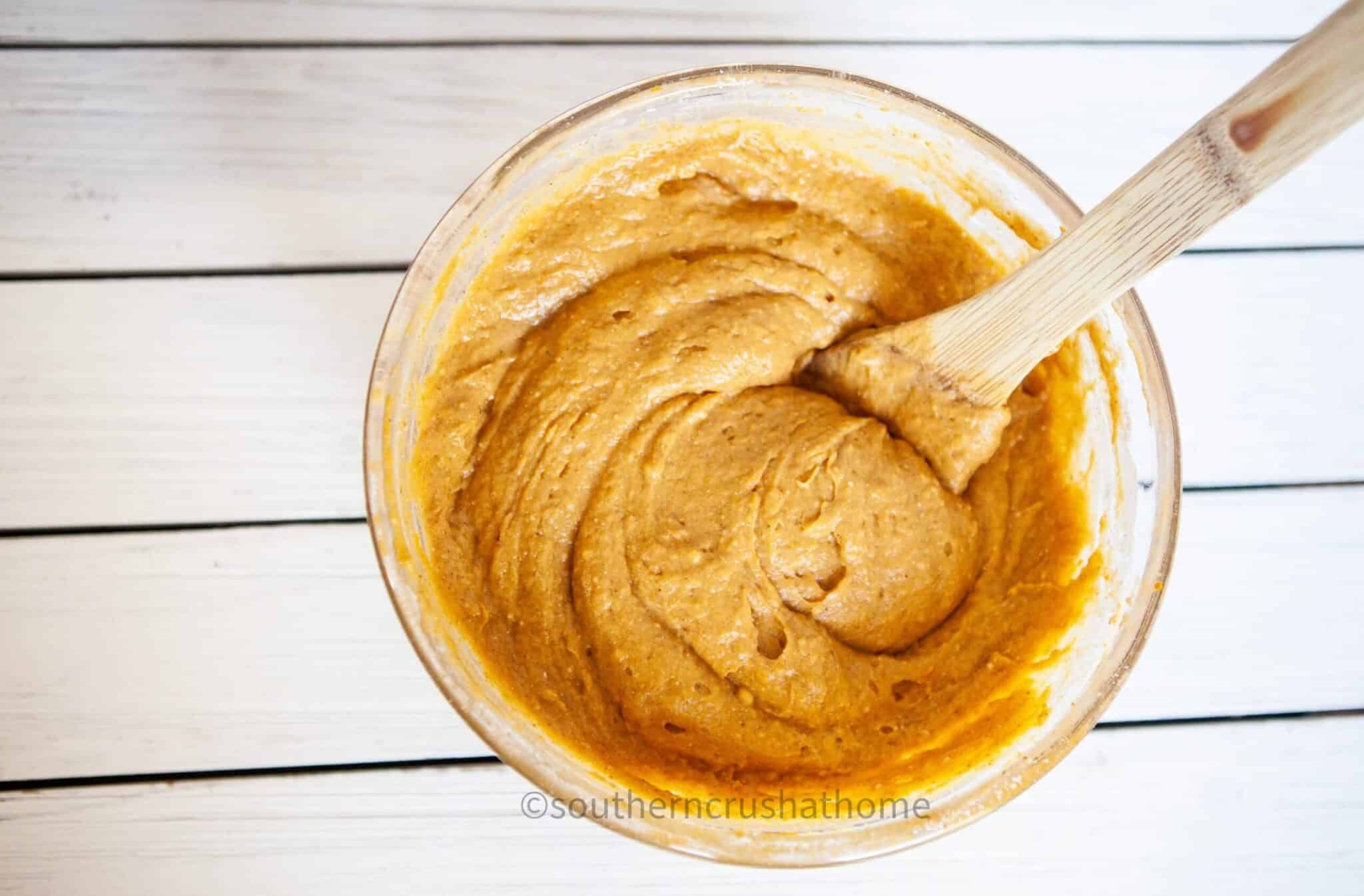 3 ingredient pumpkin muffins batter mixed up