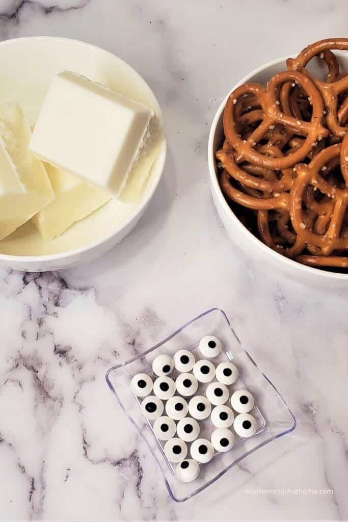 3 ingredient white chocolate ghost pretzels for Halloween ingredients