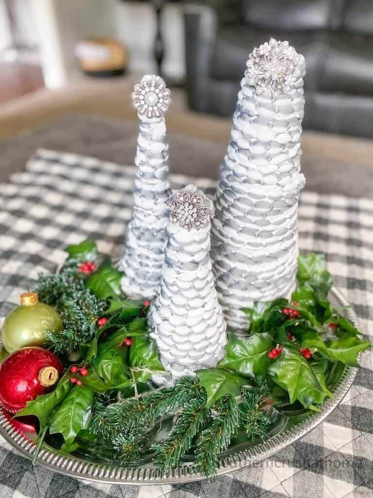 Christmas Cone Trees on tray with ornaments