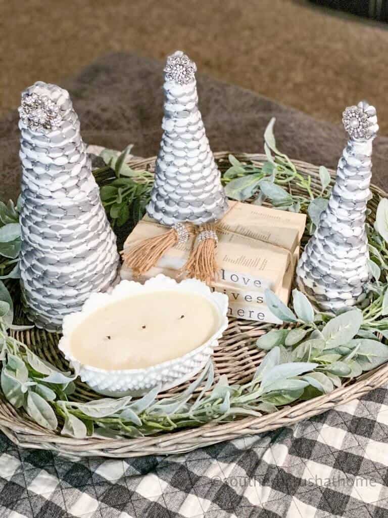 Christmas Cone Trees with book stack