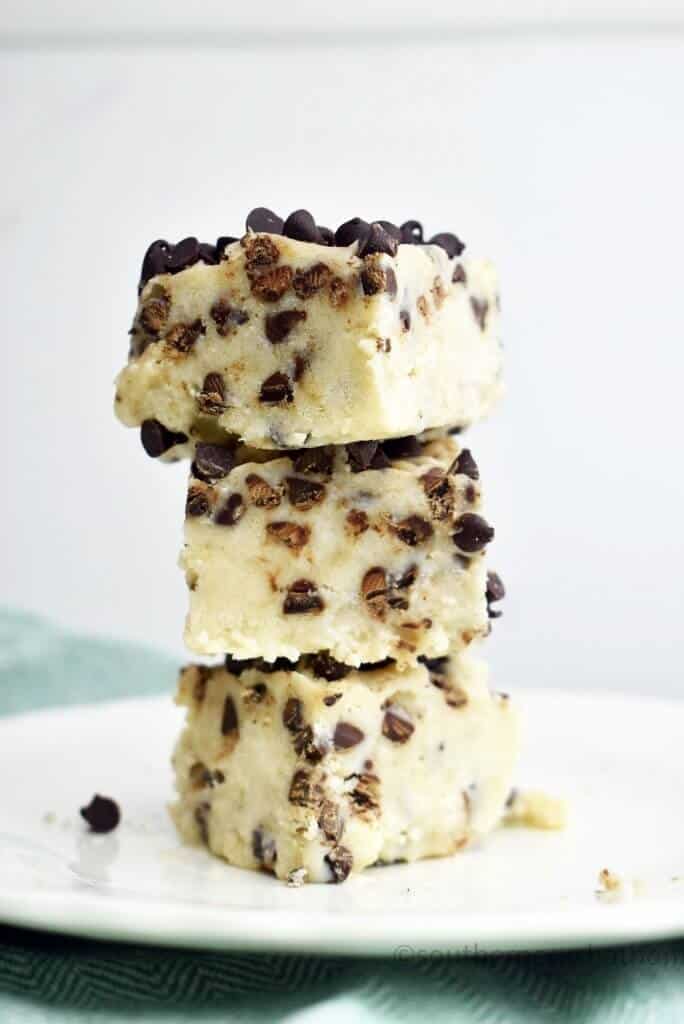 Stack of chocolate chip cookie dough fudge slices