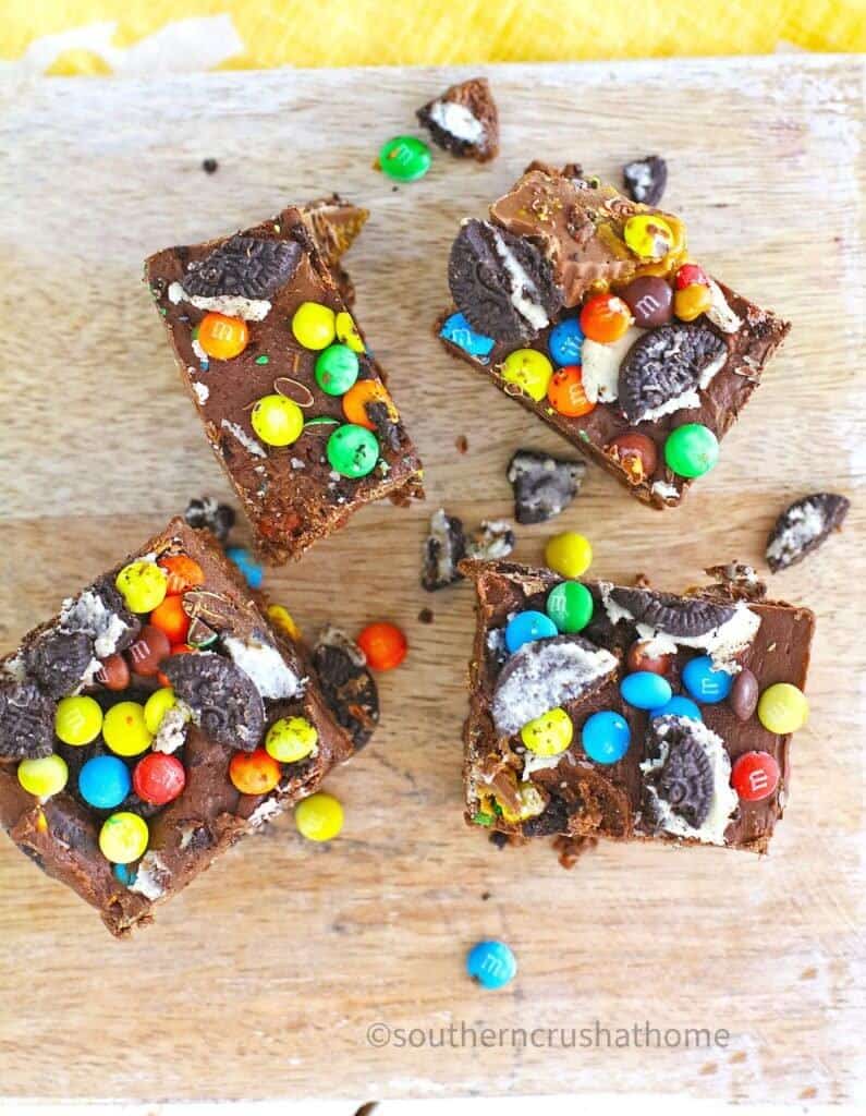 candy fudge squares with oreos and peanut butter cups