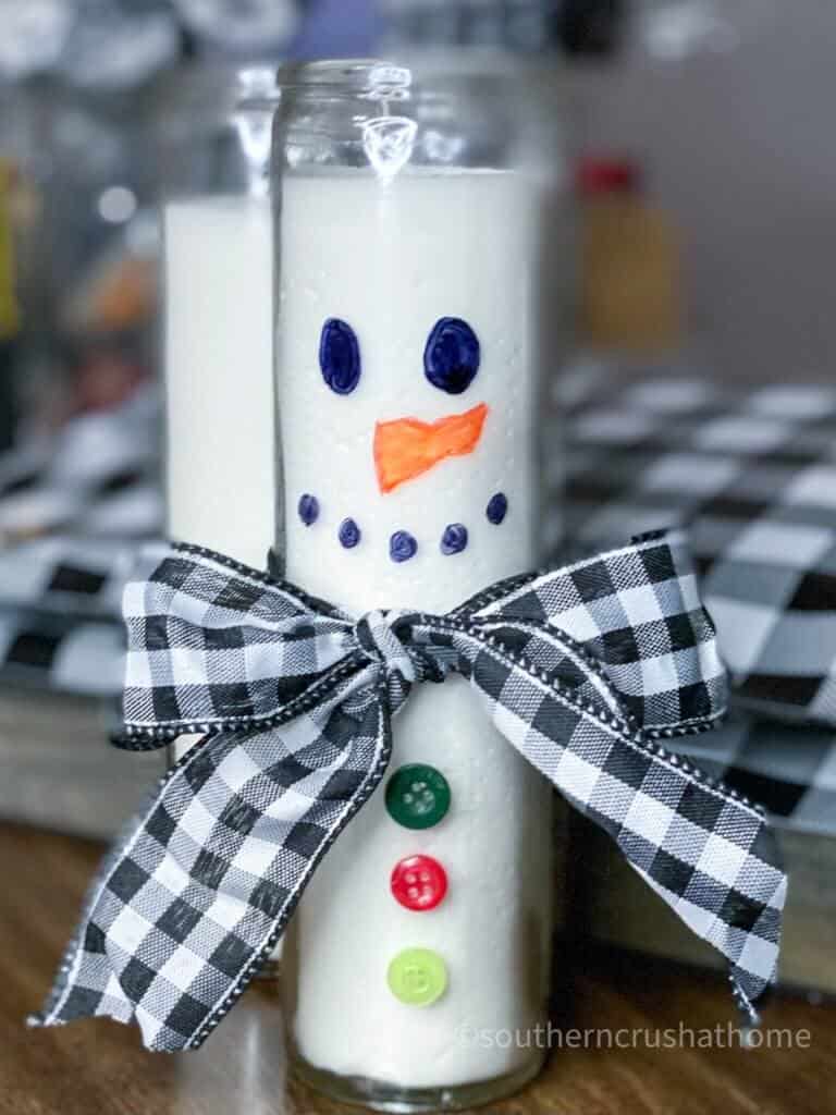 Dollar Tree Snowman Candle DIY final close up