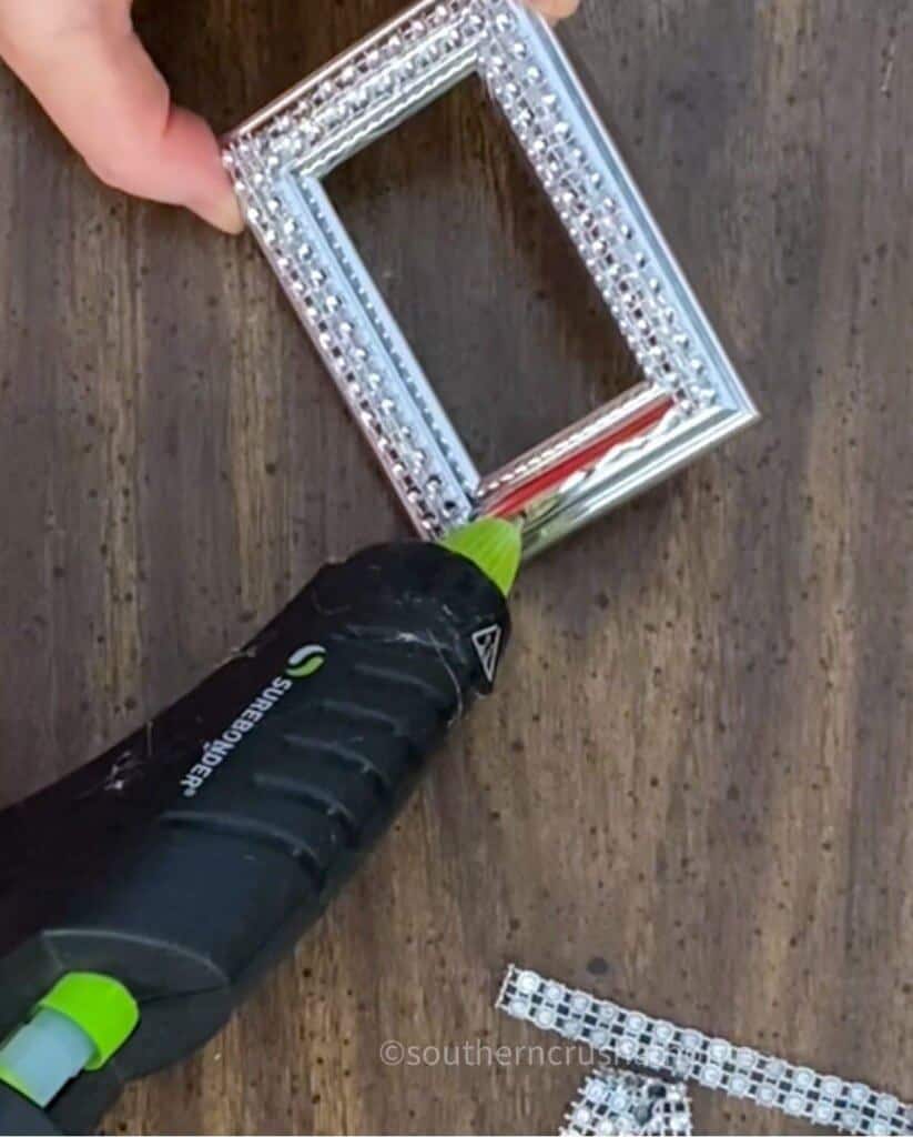 gluing bling ribbon trim to photo frame