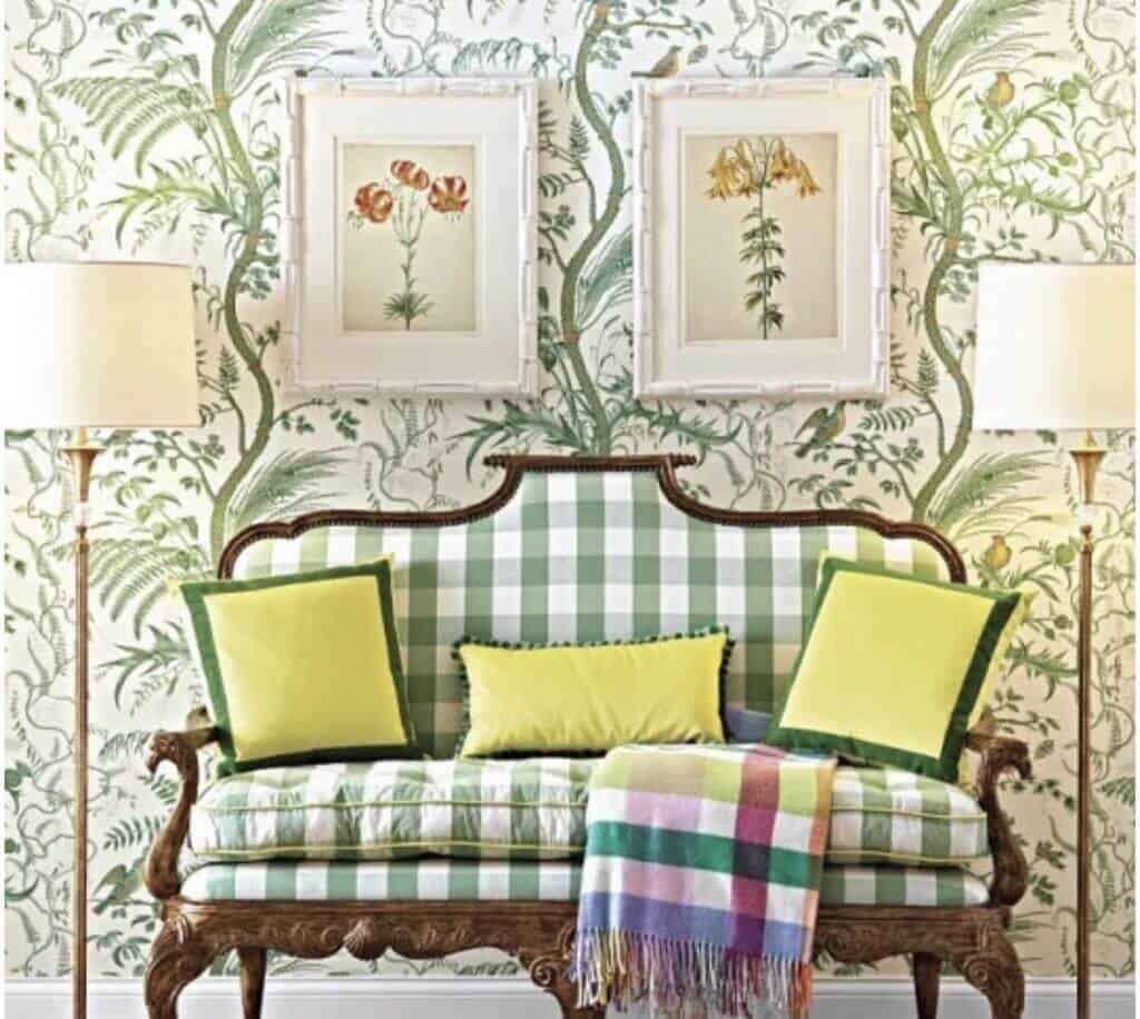 Green and white buffalo check settee